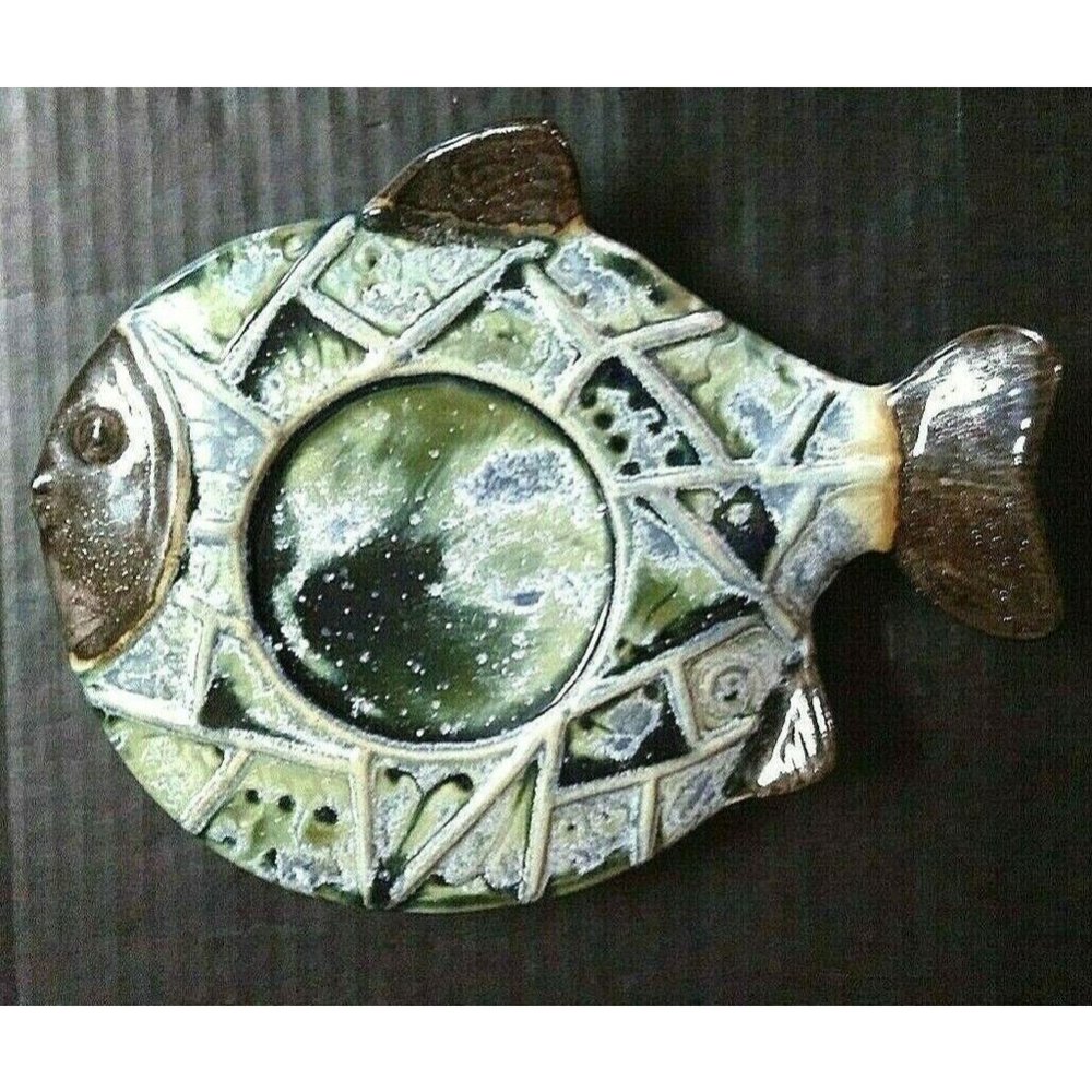 Candleholder Plate 8" Fish Shape Pillar Candle Holder Ceramic Coastal Nautical